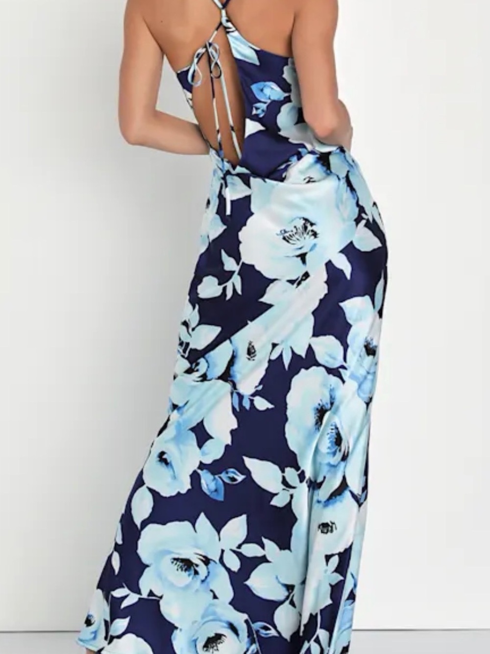 New with Tags – Lulus Graceful Aura Navy Blue Floral Satin Cutout Slip Maxi Dres - Picture 2 of 5